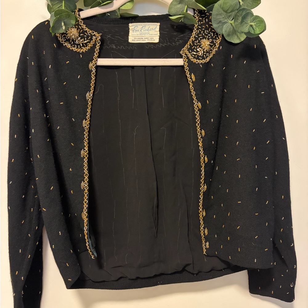 Vintage Ron Richard Black and Gold Women's Jacket Cardigan